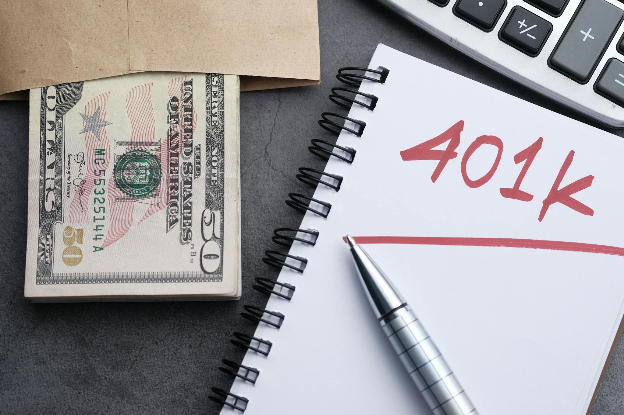 Cash and a notebook labeled 401k beside a calculator, illustrating what is an IRA and retirement saving